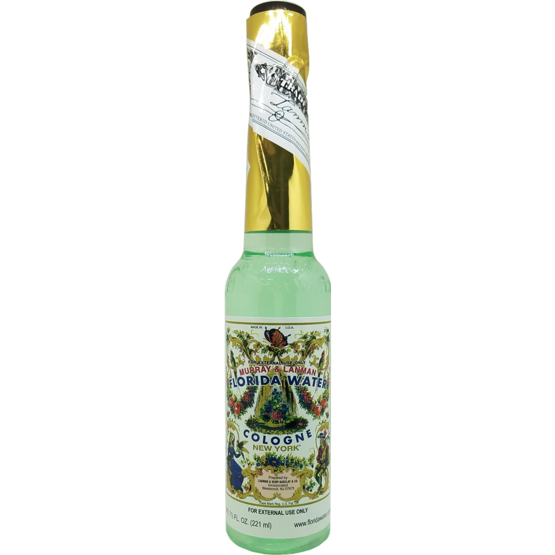 Florida Water 7.5oz bottle closeup highlights portable, salon-like skin-refreshing aroma.