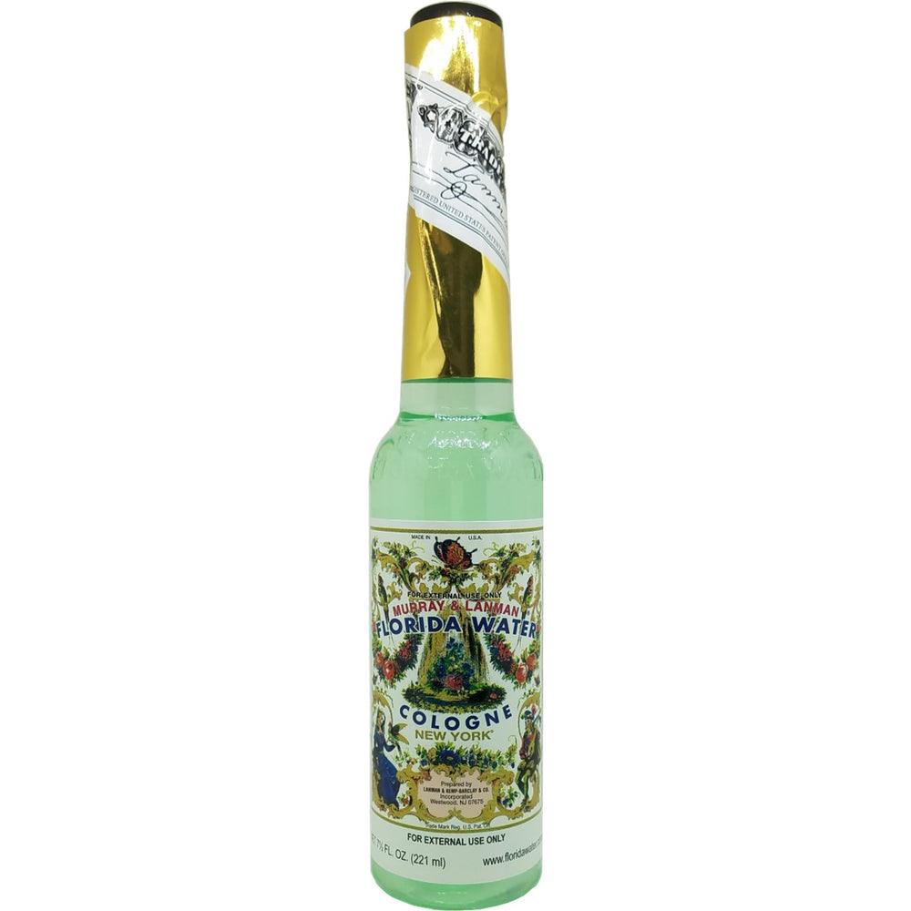 Florida Water 7.5oz bottle closeup highlights portable, salon-like skin-refreshing aroma.
