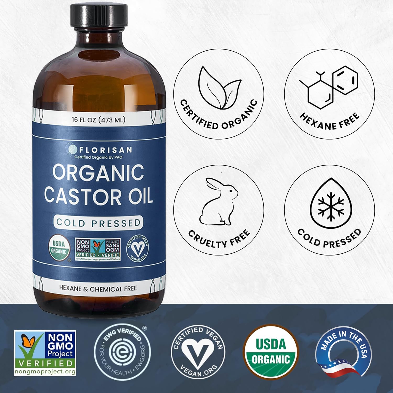 Florisan castor oil glass bottle closeup highlights rich texture for scalp use.