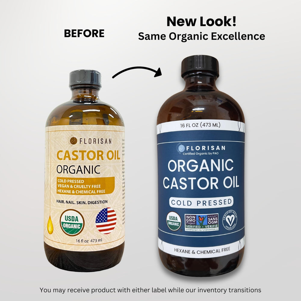 Florisan castor oil hexane-free label highlights clean, non-GMO skincare.