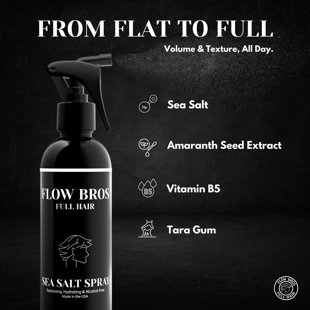 Flow Bros Sea Salt Spray label closeup highlights clean, paraben-free formula.