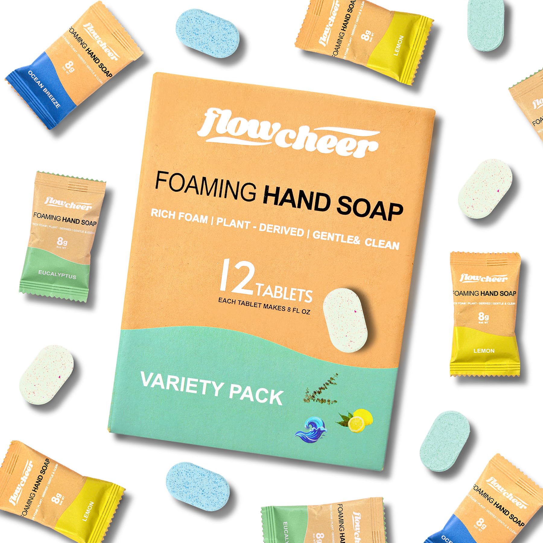 Flowcheer refill tablets 12-pack showcase variety for easy home refills and reduced waste.
