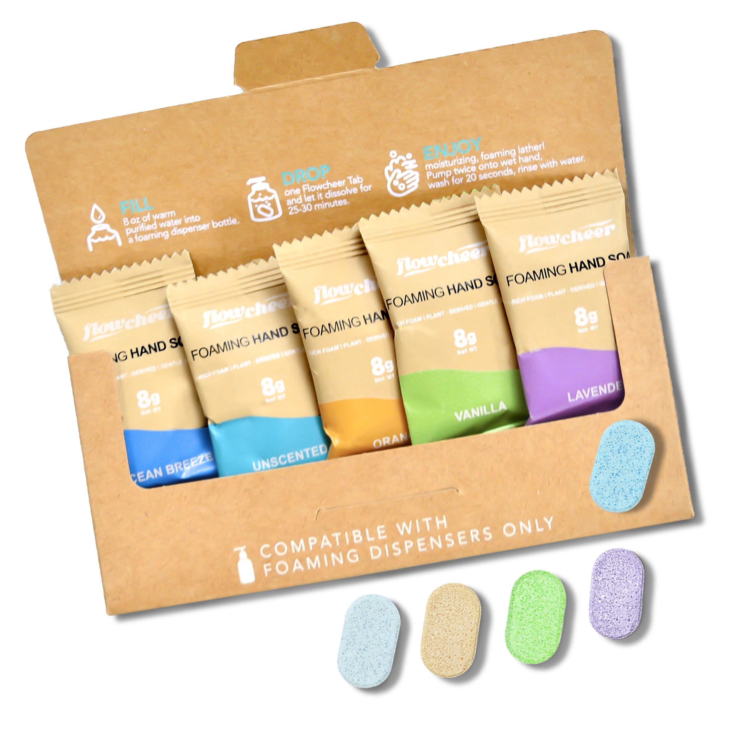 Flowcheer ocean-breeze tablets with a crisp aroma and creamy foam