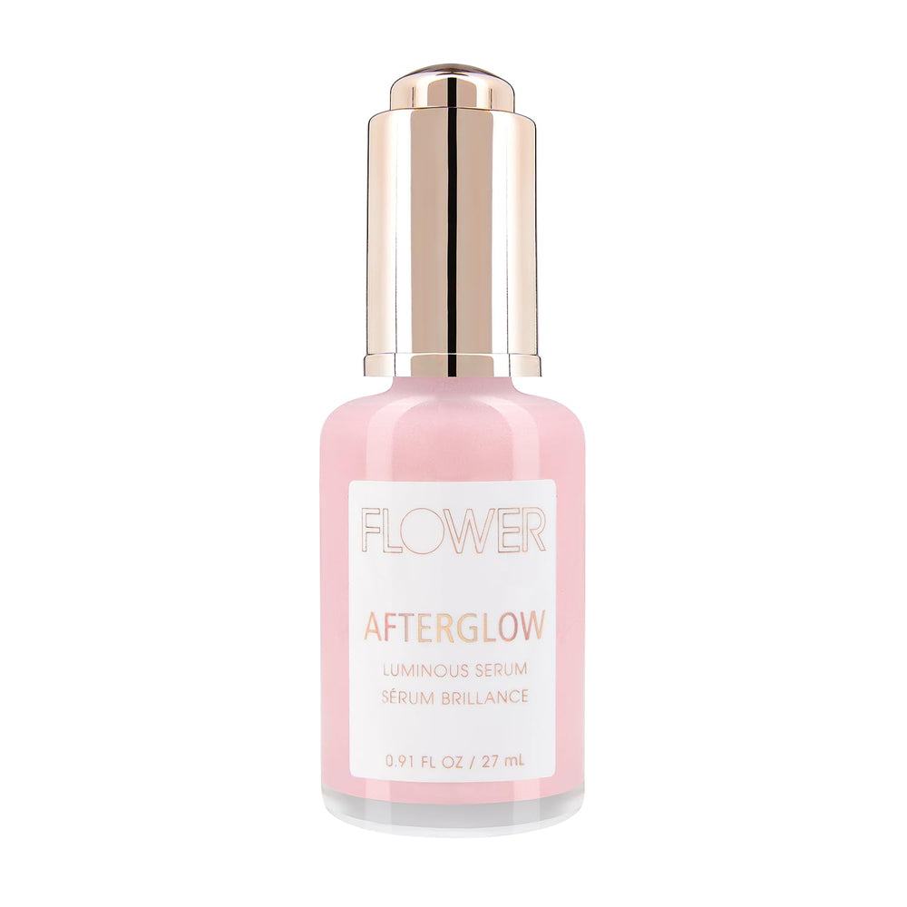 FLOWER Beauty Afterglow serum bottle showing glow and hydration on skin