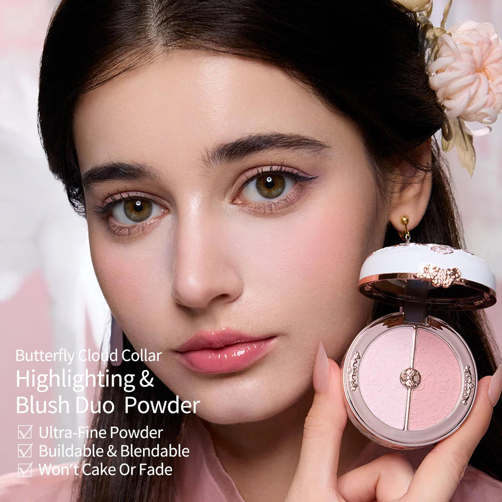 Flower Knows blush duo compact reveals peach and pink two-tone shades for versatile looks.