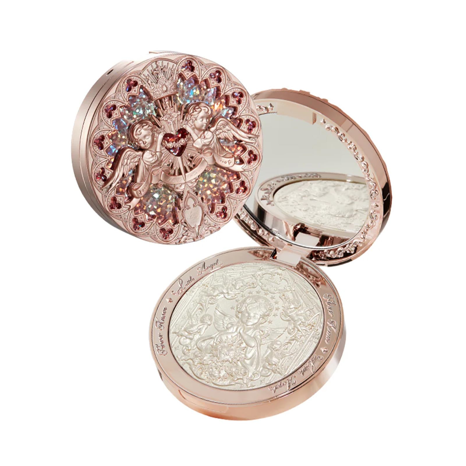 Flower Knows Little Angel embossed highlighter compact moonlight swatches reveal buildable radiance.