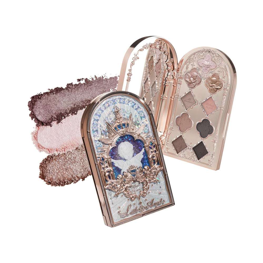 Flower Knows Little Angel palette front cover shows Gothic rose window design for elegant makeup inspiration.