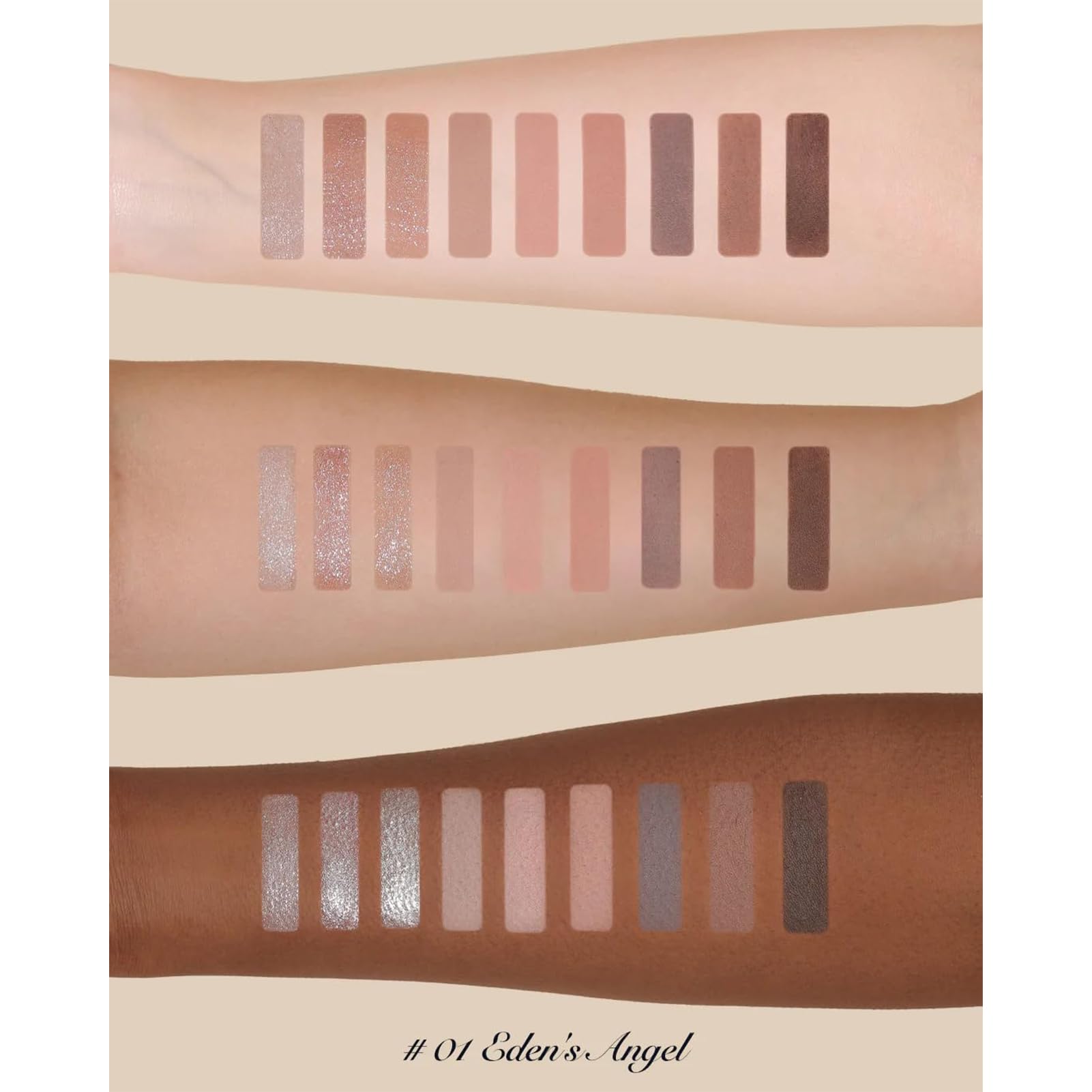 Flower Knows Little Angel shimmer swatches showcase subtle foils for a delicate evening glow.