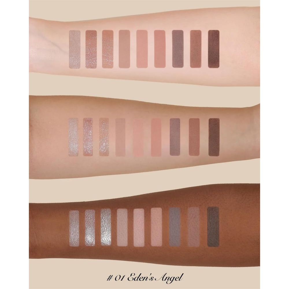 Flower Knows Little Angel shimmer swatches showcase subtle foils for a delicate evening glow.
