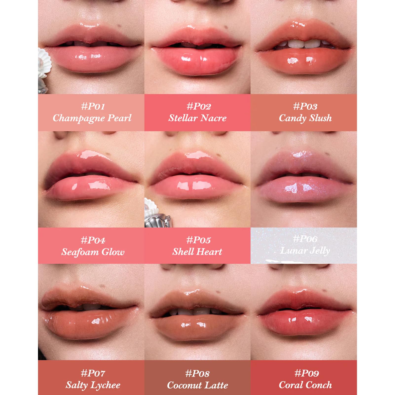 flower knows lunar jelly shimmer application demonstrates subtle moonlit glow on lips.