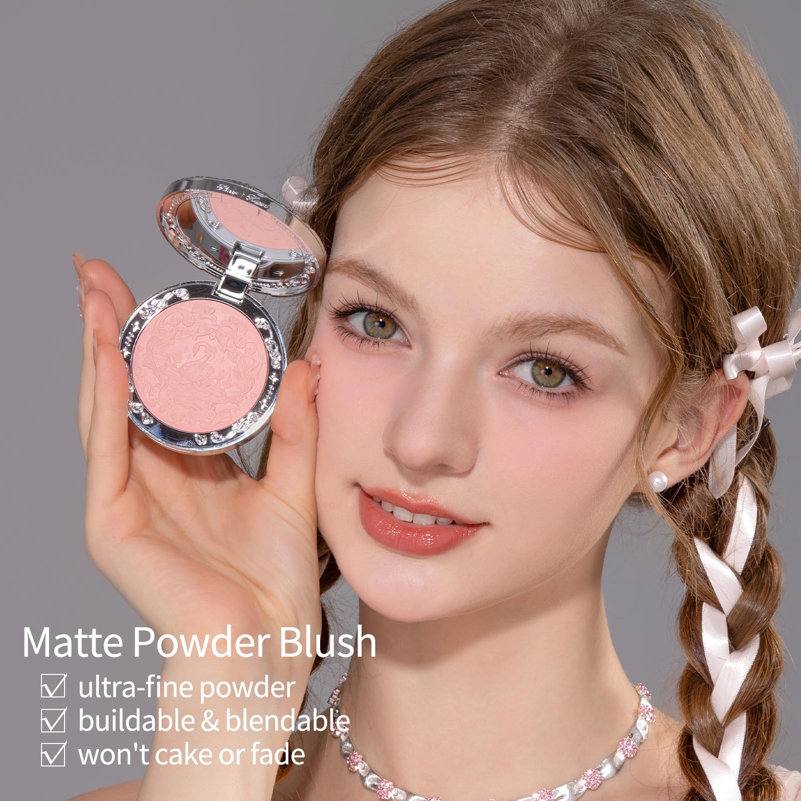 Flower Knows Romanticism soft pink compact front shows gentle color payoff.