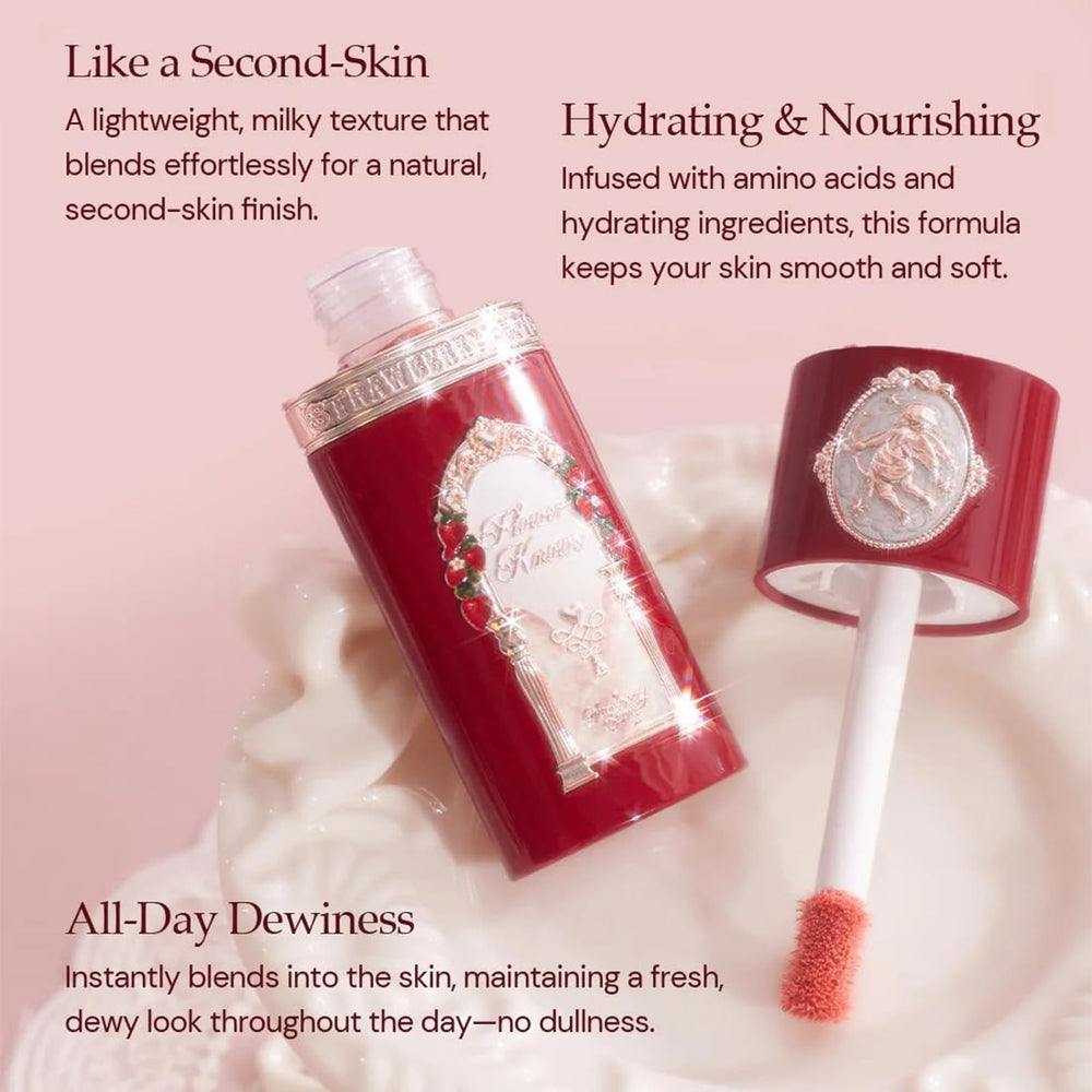 Flower Knows Strawberry Cupid apple glow swatch highlights coral pink warmth.