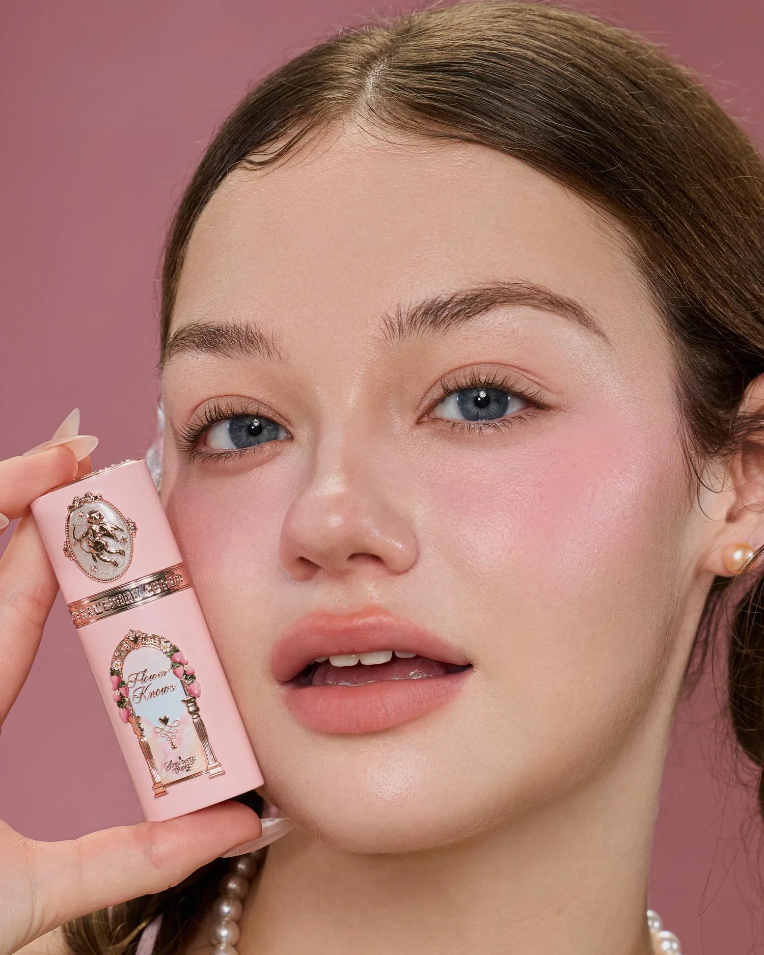 Flower Knows Strawberry Cupid liquid blush water and sweat resistant formula.