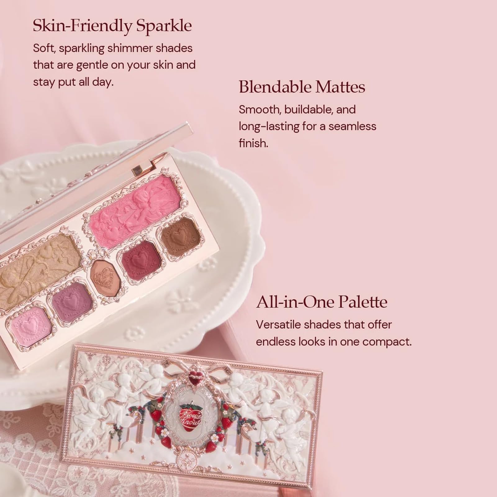 Flower Knows Strawberry Cupid Palette back shows shade range and cruelty free promise