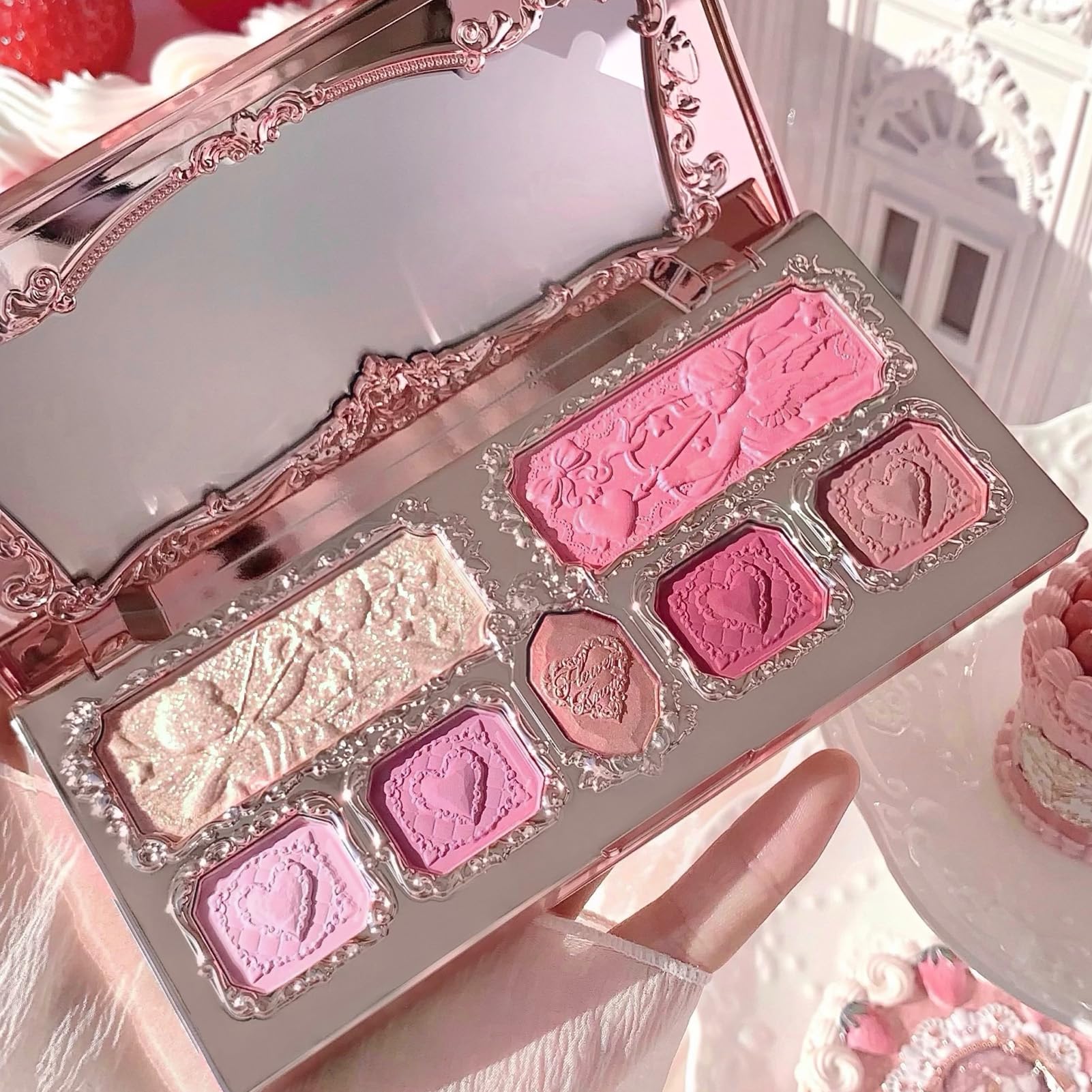 Flower Knows Strawberry Cupid Palette shimmer shades closeup highlights luminous finish