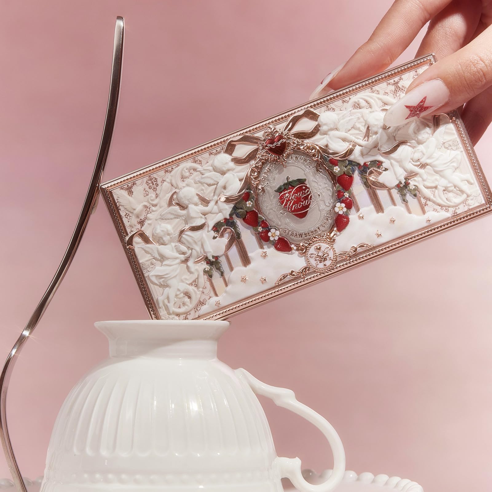 Flower Knows Strawberry Cupid Palette compact size is ideal for travel and touch-ups.