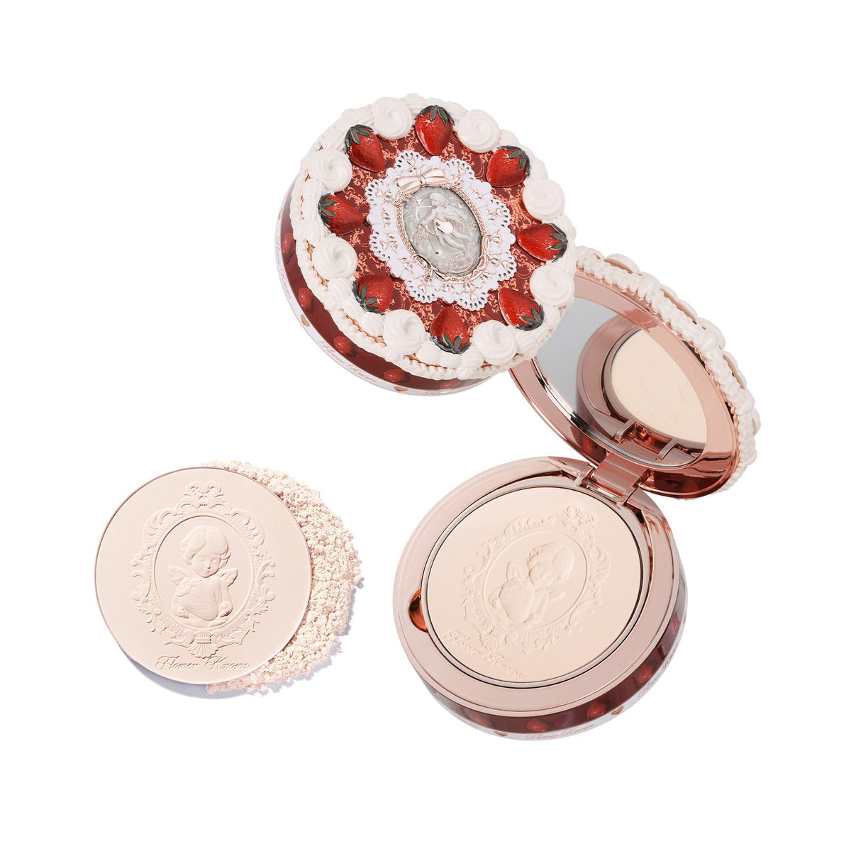 Flower Knows Strawberry Cupid pressed powder compact with mirror for on-the-go touch-ups