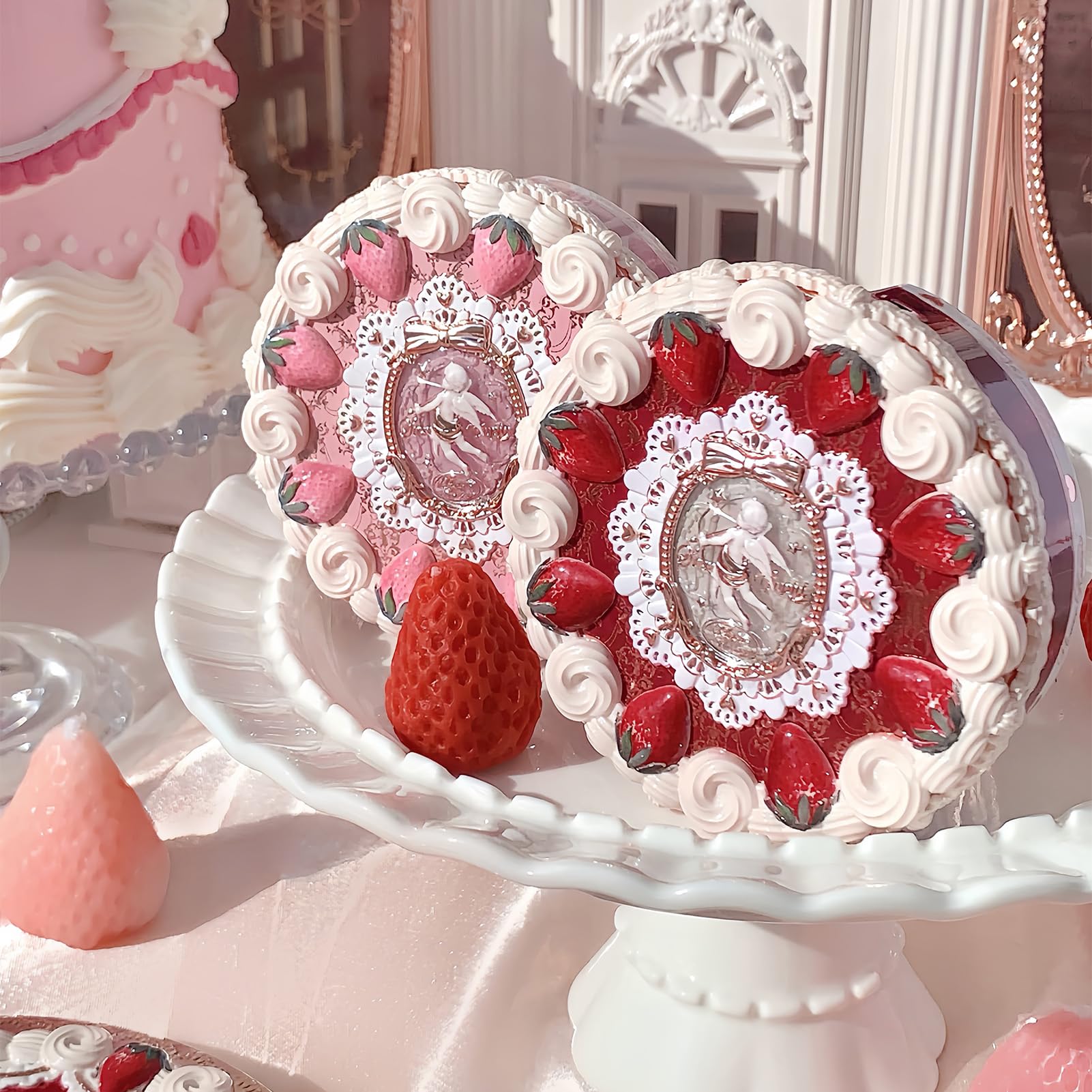Flower Knows Strawberry Cupid pressed powder close-up emphasizes matte finish