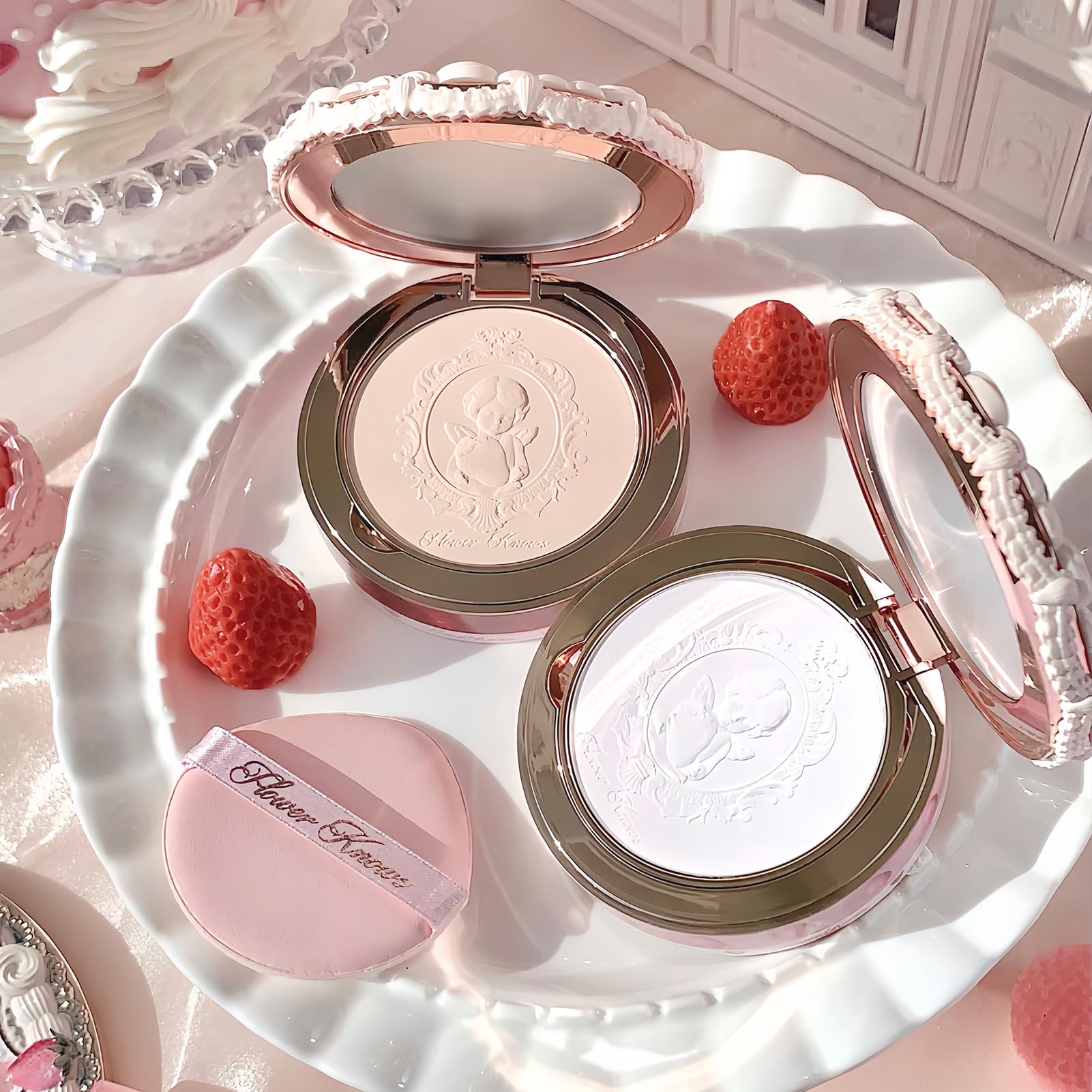 Flower Knows Strawberry Cupid pressed powder on skin showing light matte coverage