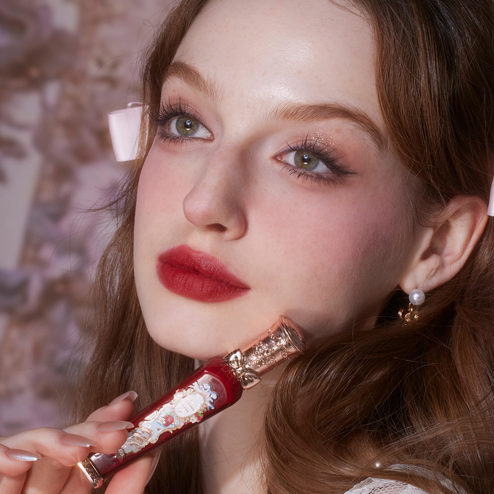 Flower Knows Strawberry Rococo Cloud Lip Cream closeup lips wearing burgundy matte finish