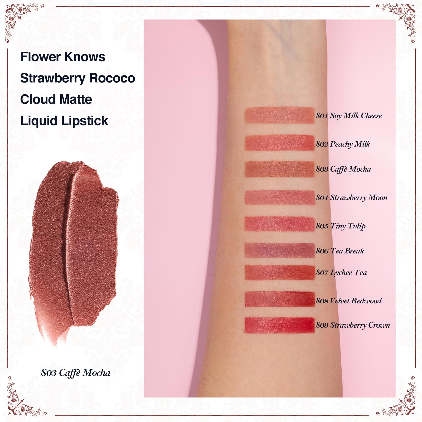 Flower Knows Strawberry Rococo lip swatch reveals warm brown nude shade versatile for many looks.