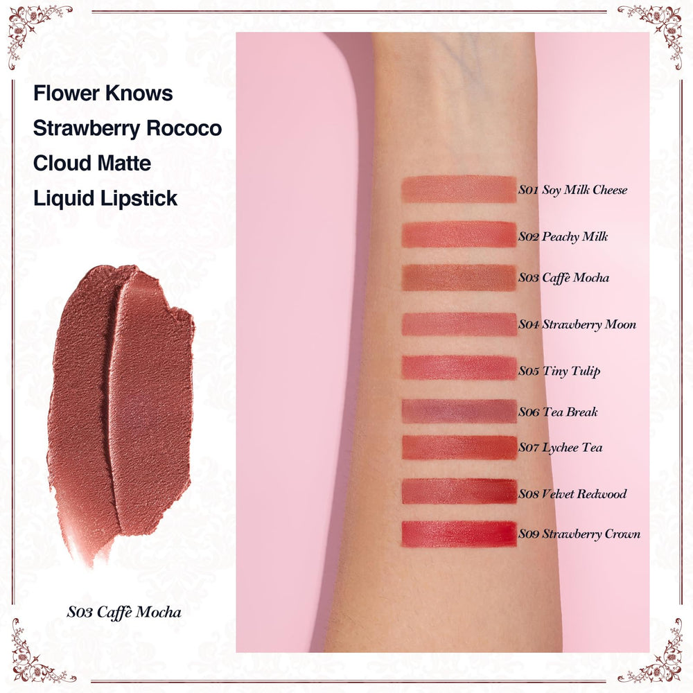 Flower Knows Strawberry Rococo lip swatch reveals warm brown nude shade versatile for many looks.