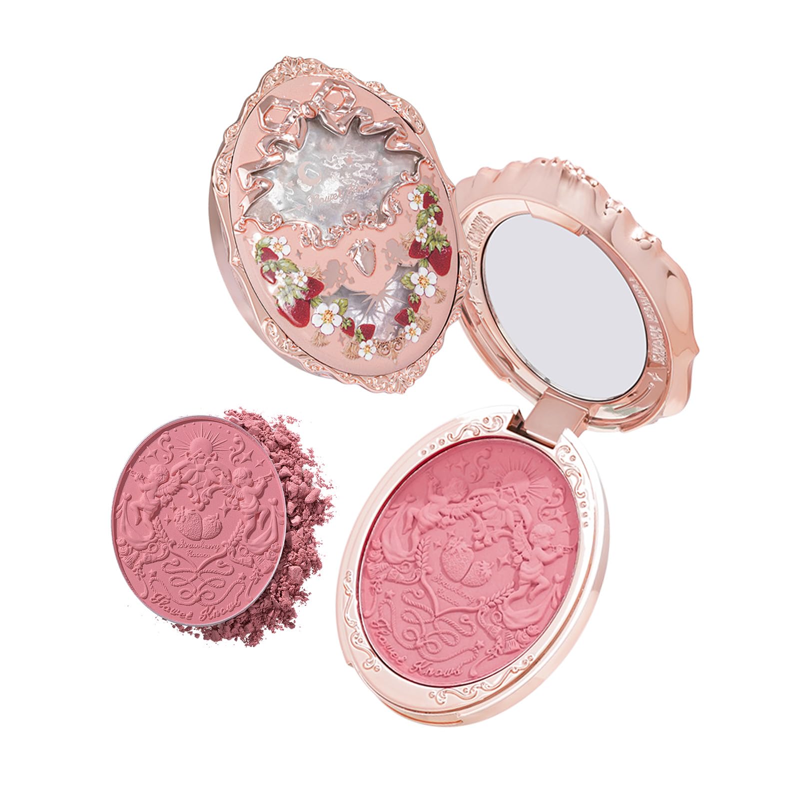 Flower Knows Strawberry Rococo embossed blush compact shows luxurious decorative design for gifting