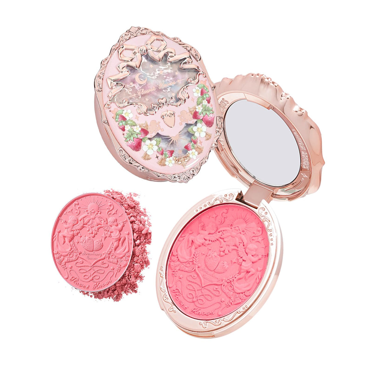 Flower Knows strawberry-rococo-embossed-blush-compact shows collectible design for daily use.