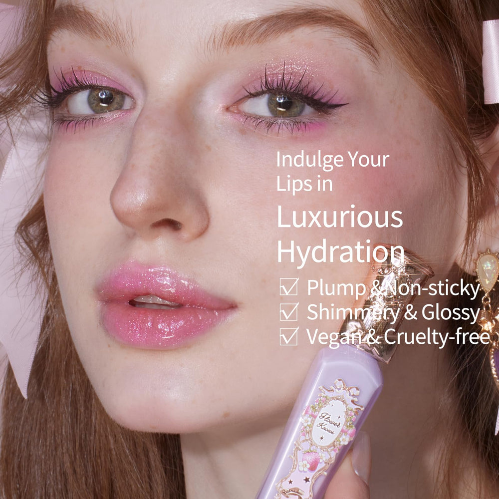 Flower Knows Violet Strawberry Rococo Glowy lip application shows glossy high-shine finish