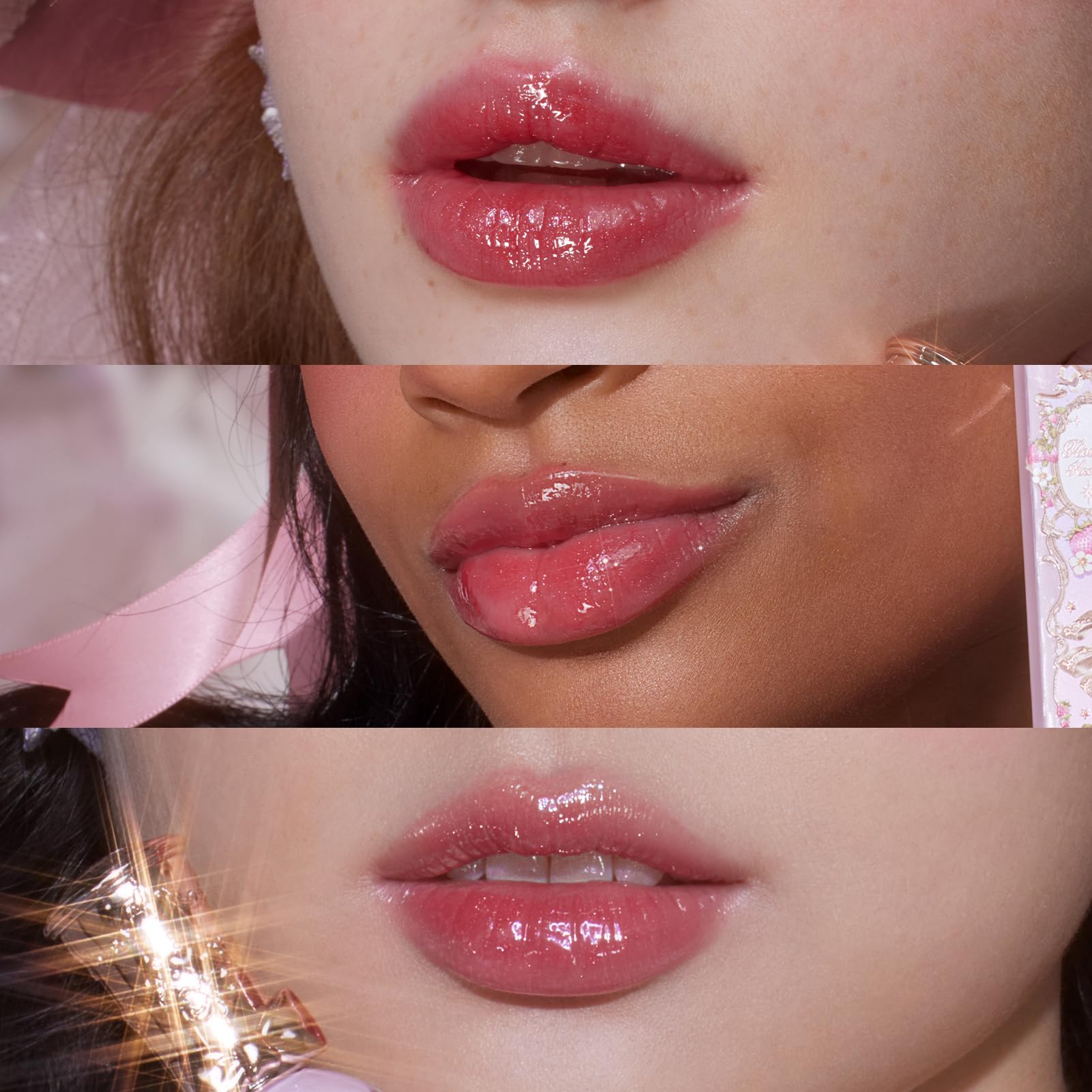 Flower Knows Violet Strawberry Rococo Glowy Lip Gloss applied on lips demonstrates lush shine that lasts