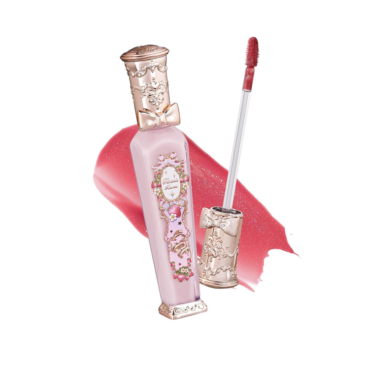 Flower Knows Violet Strawberry Rococo Glowy Lip Gloss bottle closeup shows raspberry shimmer for party-ready shine