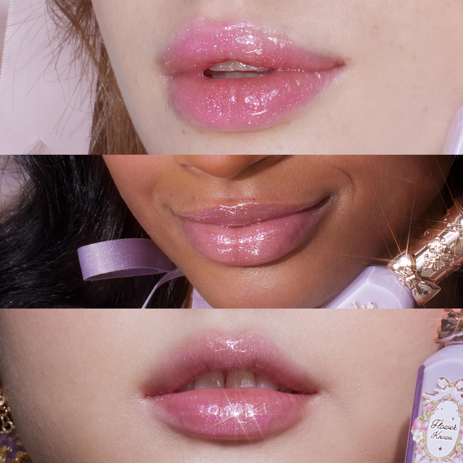 Flower Knows Violet Strawberry Rococo Glowy lip gloss swatch reveals sheer lilac shimmer