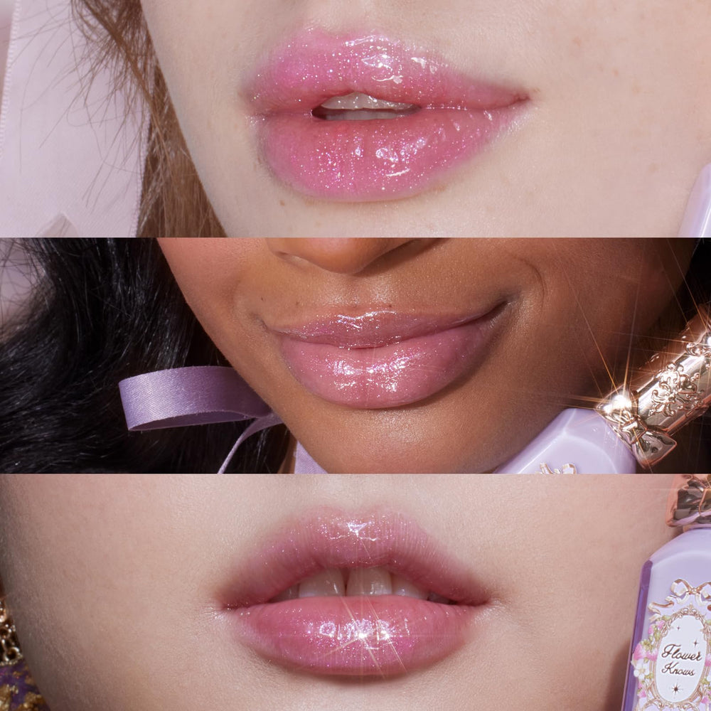 Flower Knows Violet Strawberry Rococo Glowy lip gloss swatch reveals sheer lilac shimmer