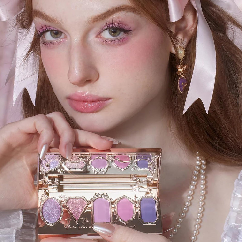 Flower Knows Violet Strawberry shimmer shades swatches—iridescent payoff for evening glam.