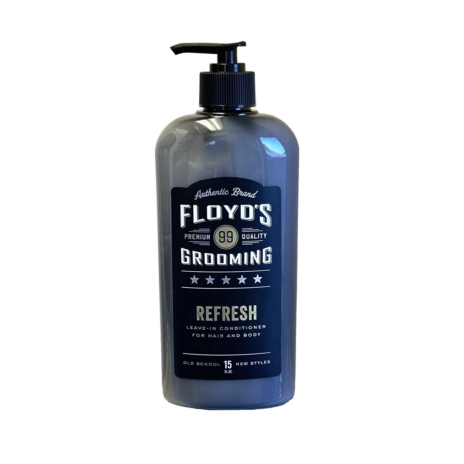Floyd's 99 Refresh bottle closeup shows a cooling minty conditioner for hair and body