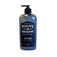 Floyd's 99 Refresh bottle closeup shows a cooling minty conditioner for hair and body