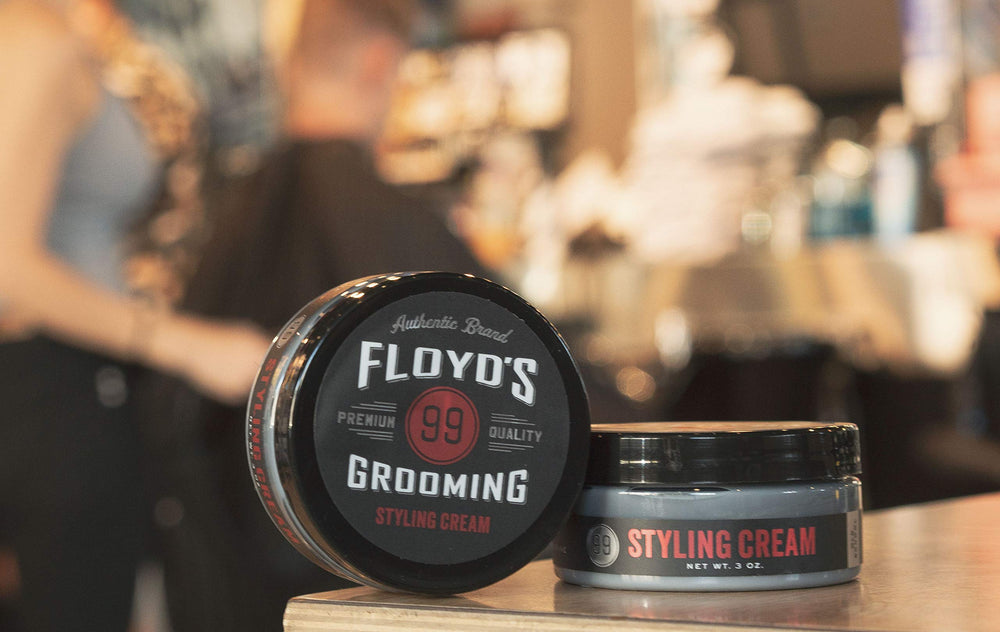 Floyd's 99 Styling Cream application-rub image demonstrates quick prep for steady grooming.
