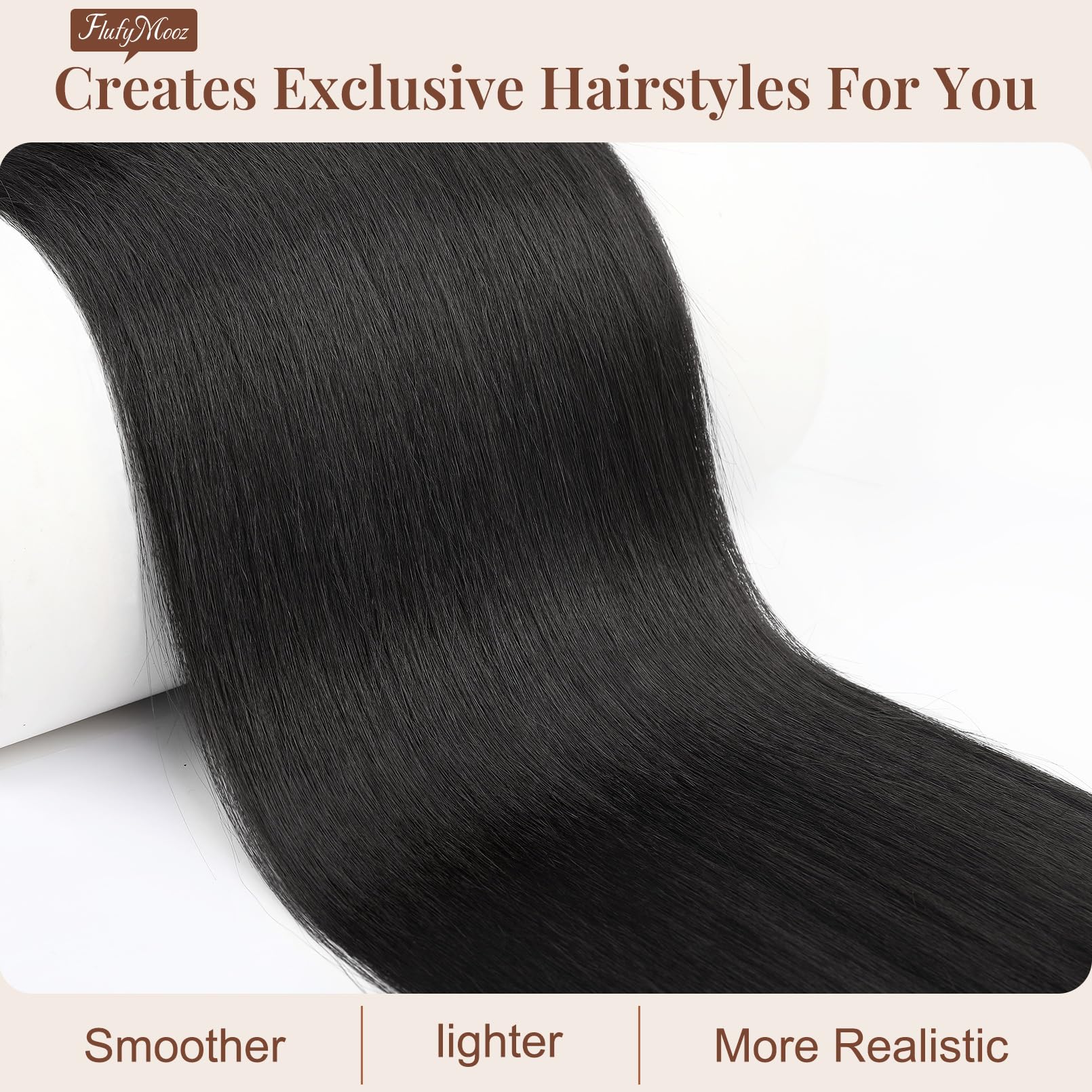 Flufymooz clip-in ponytail natural-black closeup demonstrates secure attachment for all-day wear