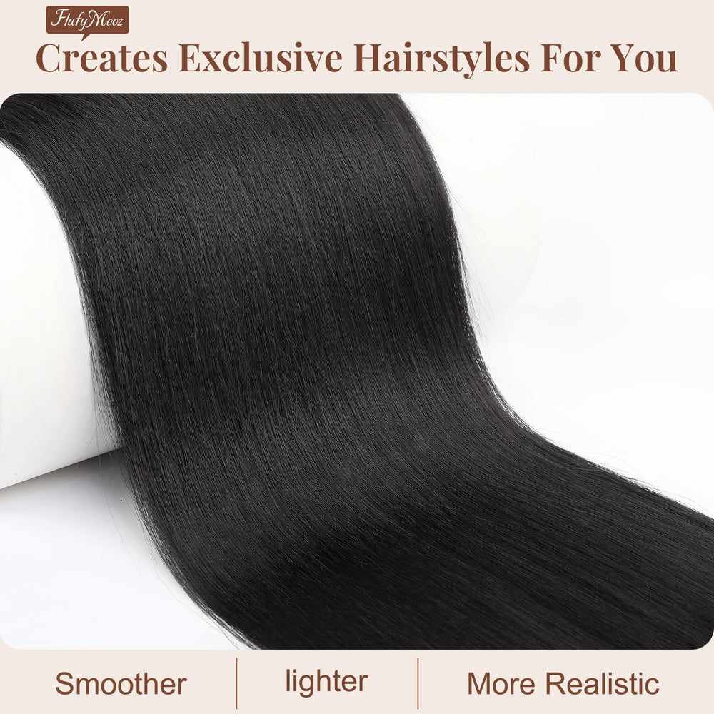 Flufymooz clip-in ponytail natural-black closeup demonstrates secure attachment for all-day wear