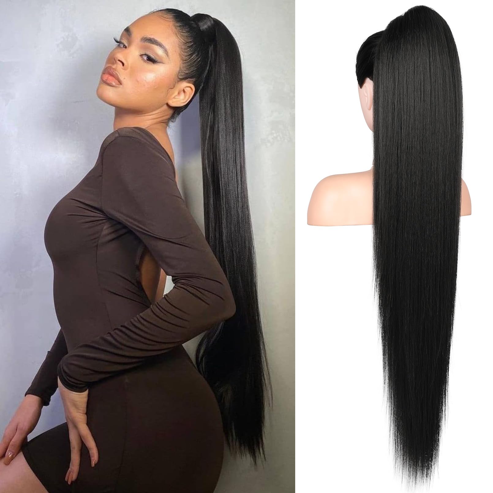 Flufymooz pony-tail 36in straight drawstring closeup shows natural shine for daily wear