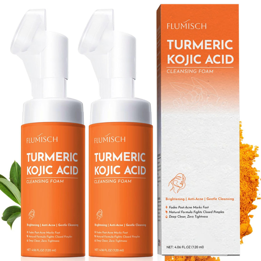 FluMisch Turmeric Kojic Acid foaming cleanser bottle shows brightening formula for radiant skin.