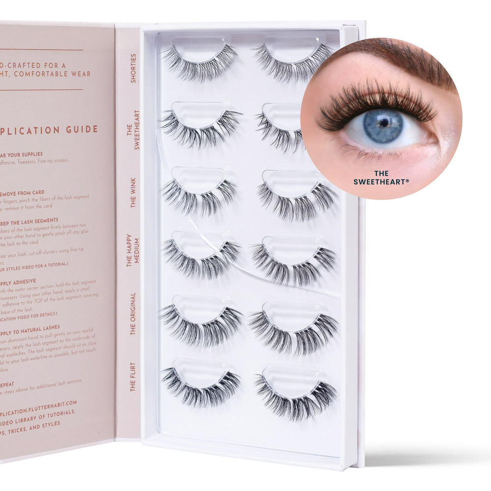 FlutterHabit lash clusters kit closeup: pre-clustered design for easy mapping-free application.