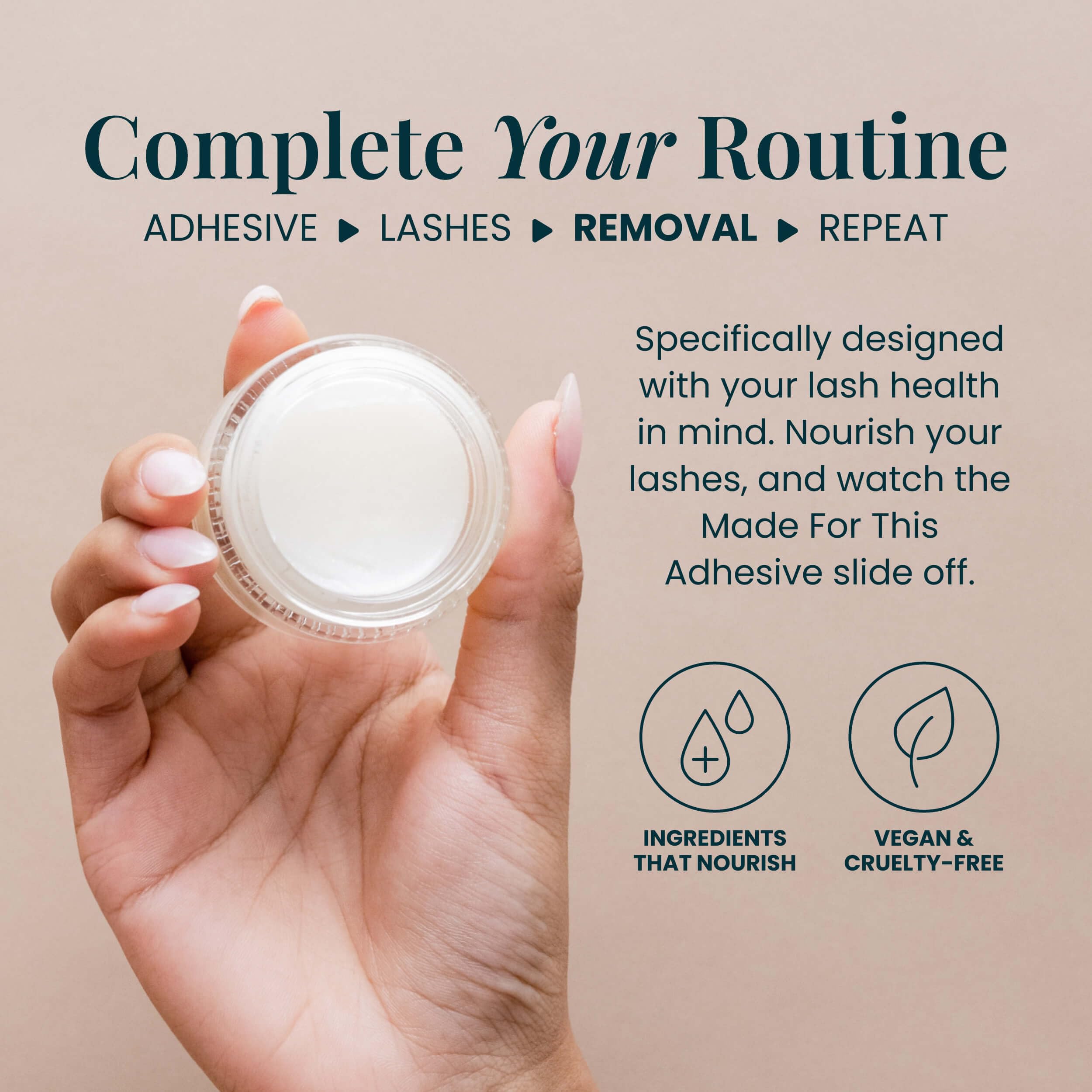 FlutterHabit Lash Removal Balm after-use scene suggests healthy lashes with overnight conditioning.