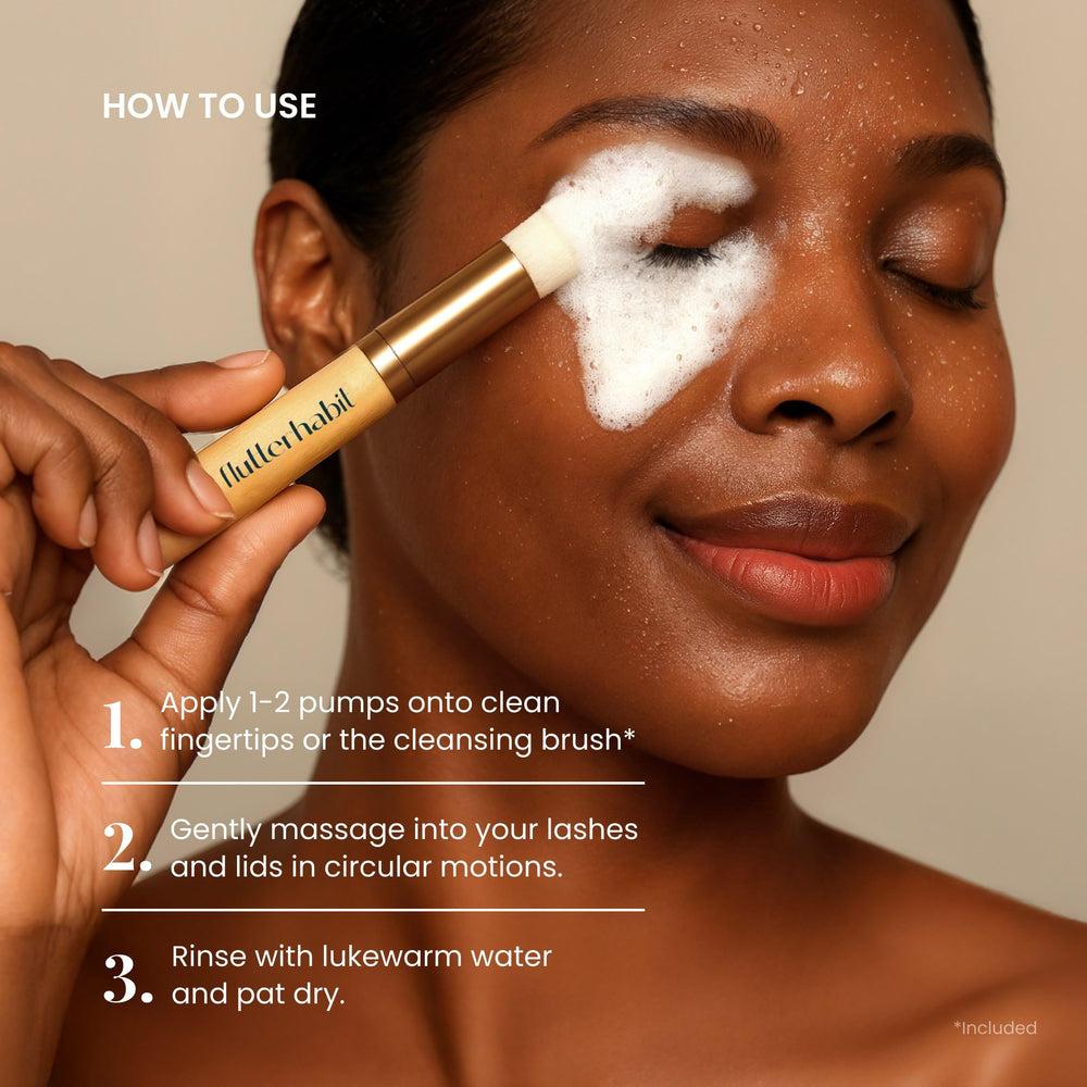 FlutterHabit Lash Shampoo is safe with MFT adhesive for compatible salon-grade maintenance.