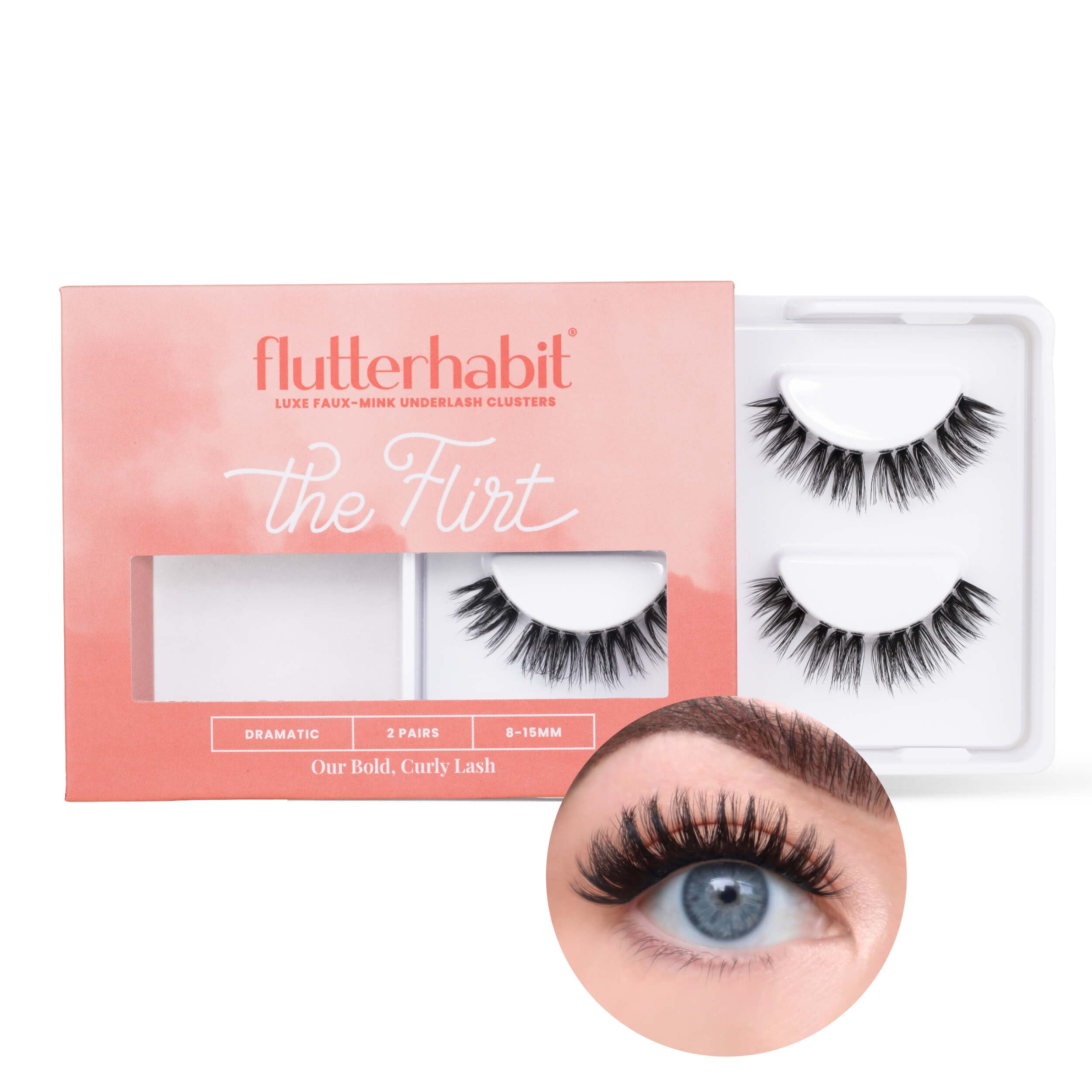 FlutterHabit The Flirt Lashes closeup cluster highlights lightweight, pre-clustered lashes for easy application.