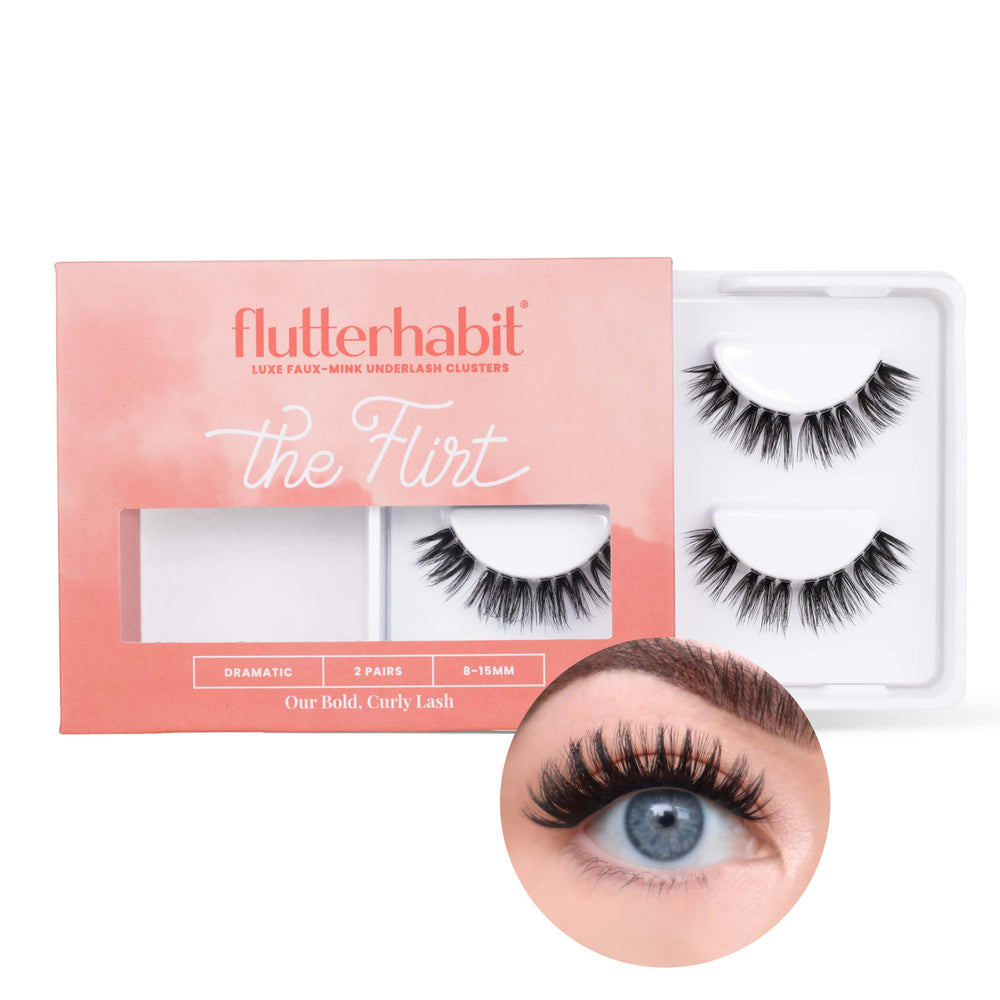 FlutterHabit The Flirt Lashes closeup cluster highlights lightweight, pre-clustered lashes for easy application.