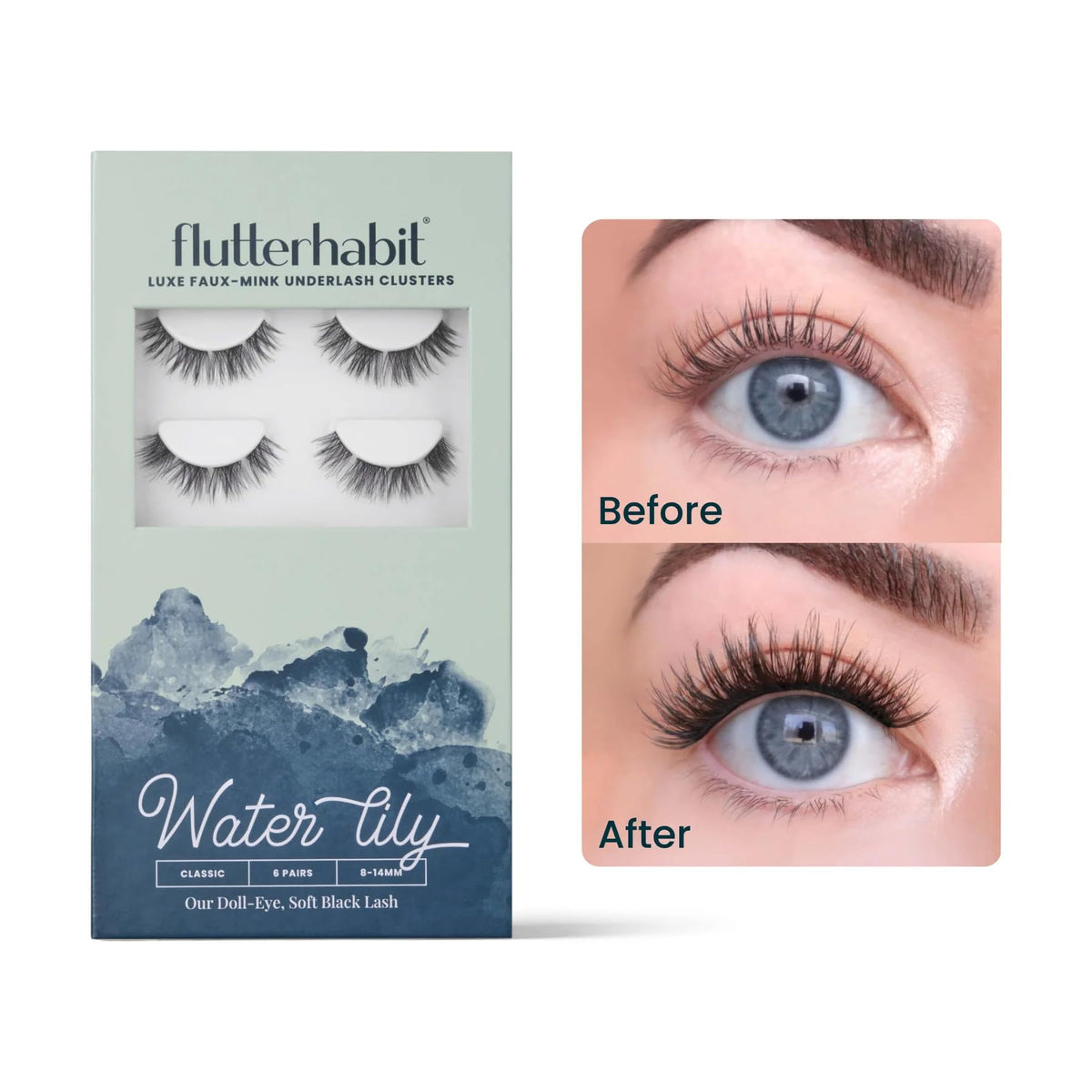 FlutterHabit Water Lily Lash Clusters pack-front shows six sets for home lashes.