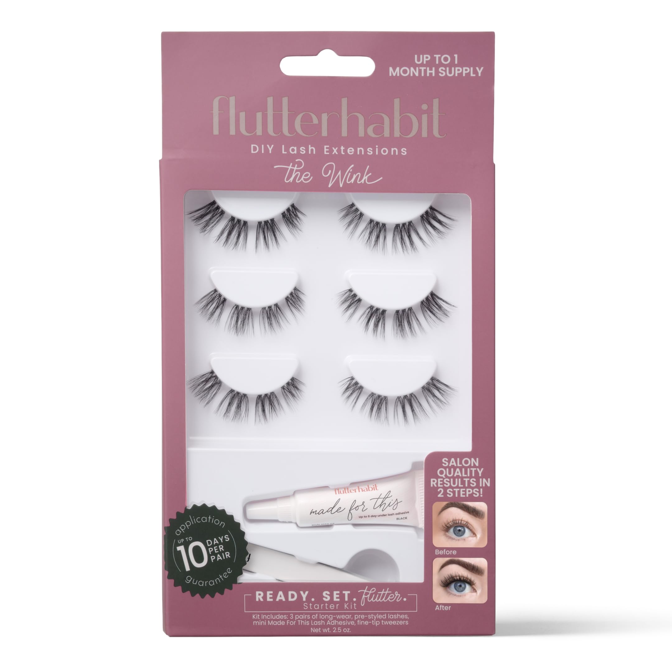 FlutterHabit Wink Starter Kit contents show three lash sets for at-home extensions.