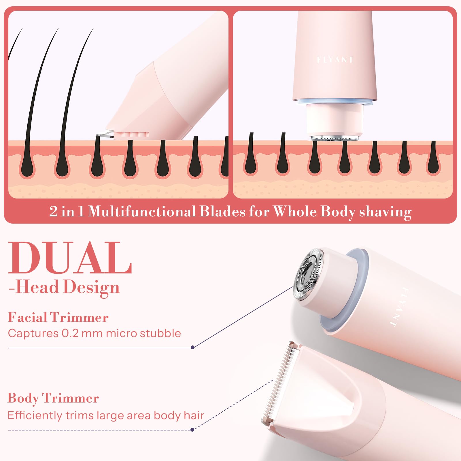 Flyant Bikini Trimmer Rose Pink LED light aids precise grooming in low light.