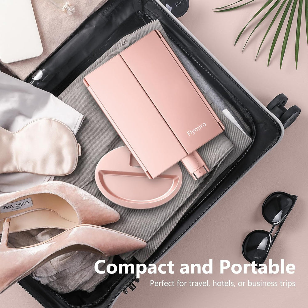 Flymiro rose-gold tri-fold design adds stylish appeal to any vanity.